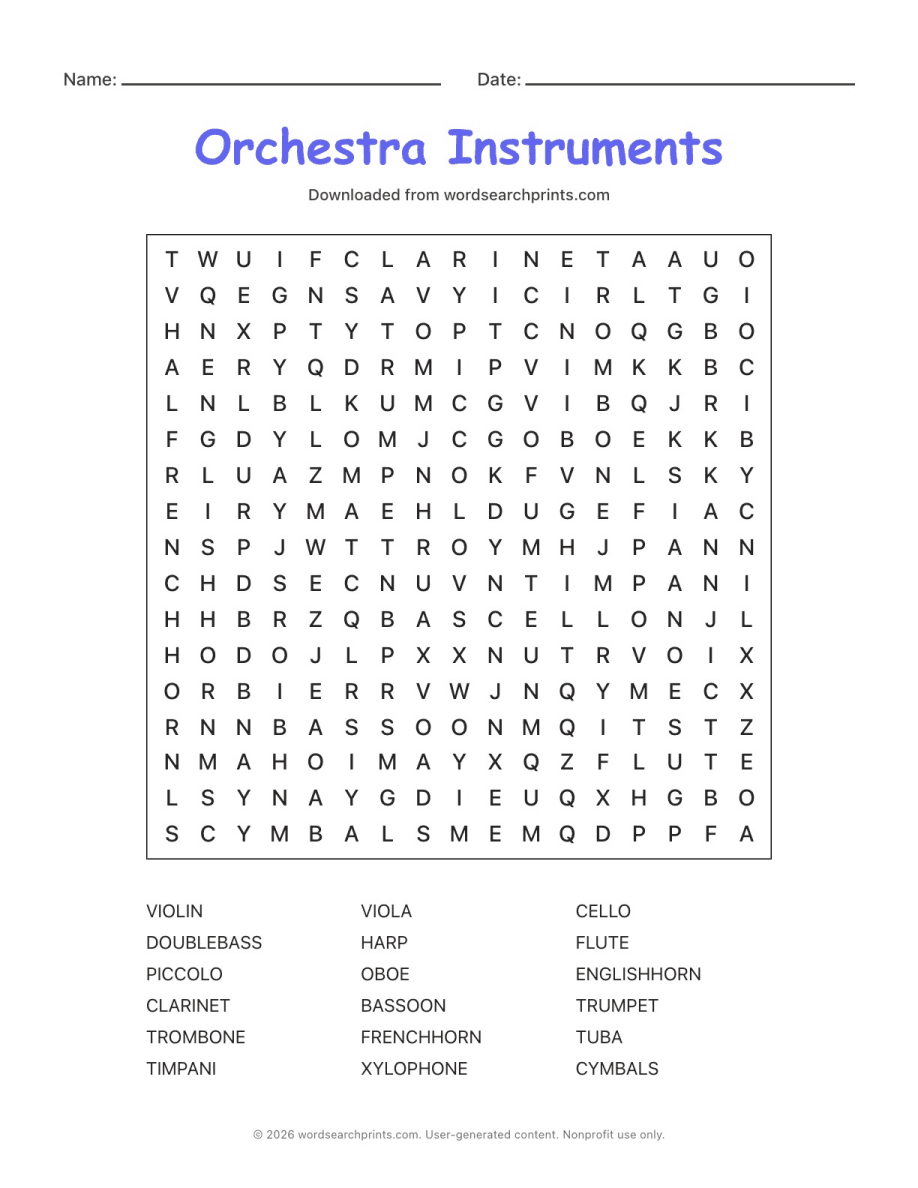 Orchestra Instruments Word Search