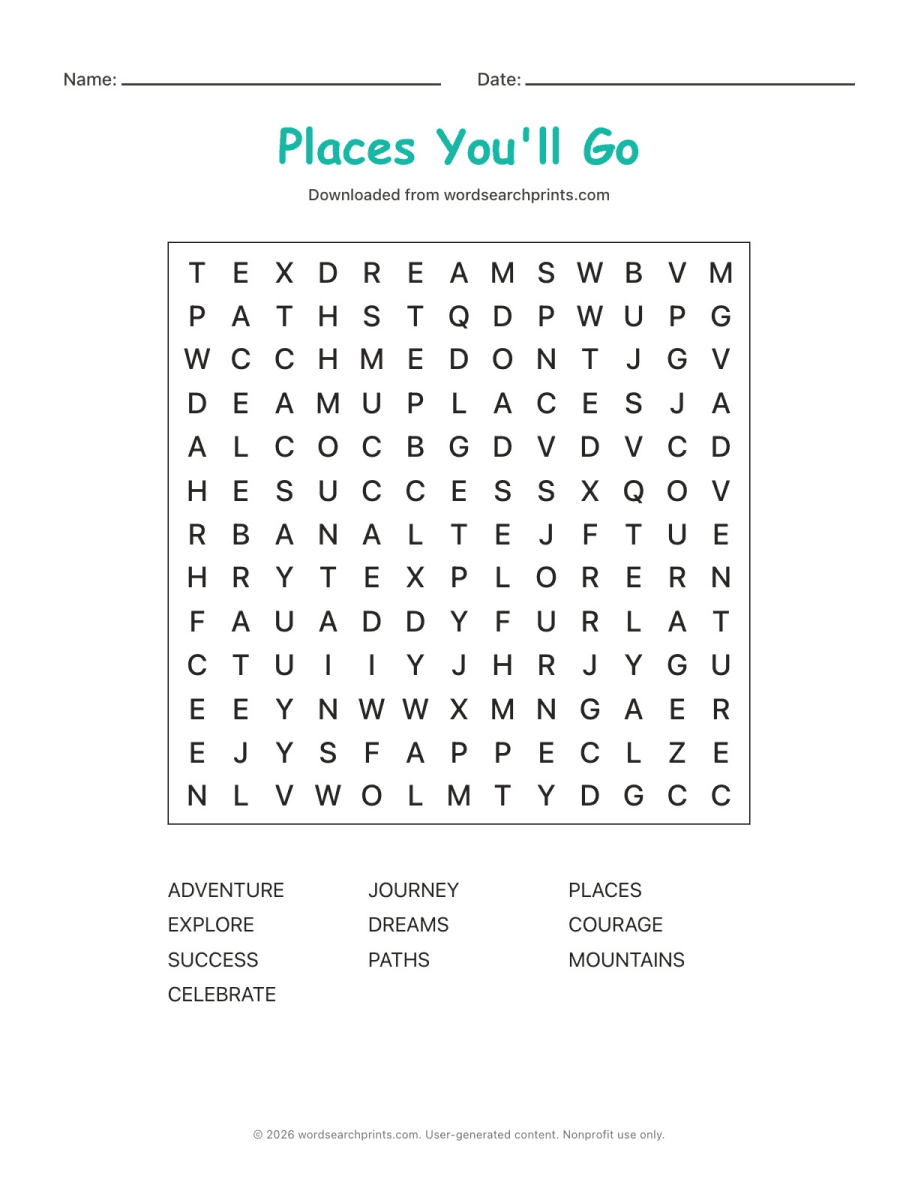 Places You'll Go Word Search