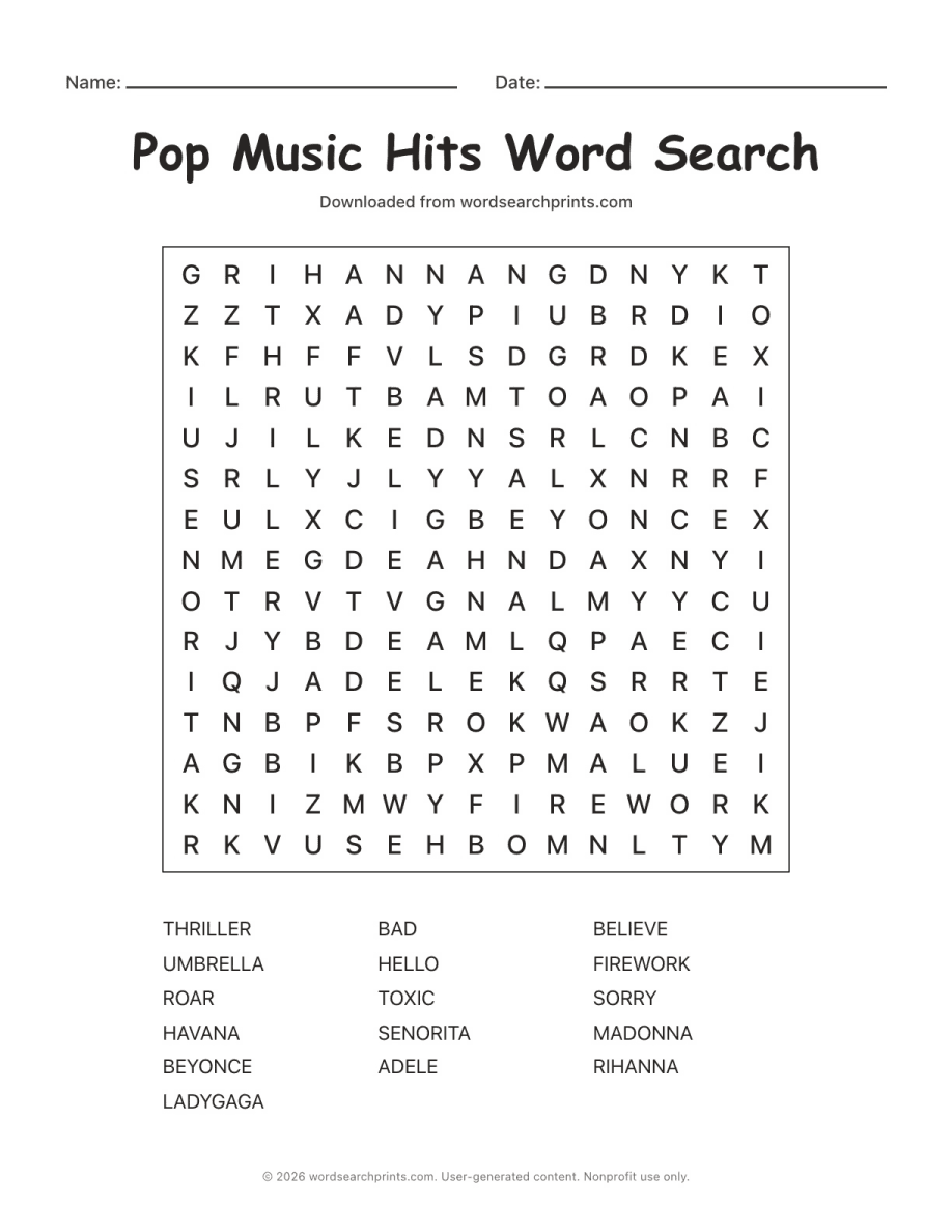 Pop Music Hits Word Search