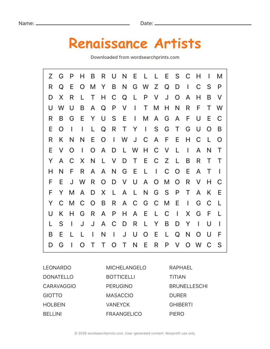 Renaissance Artists Word Search
