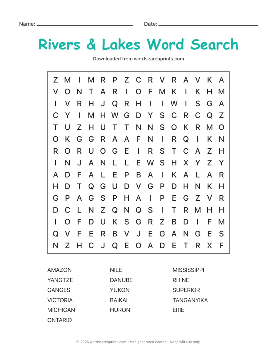 Rivers & Lakes Word Search