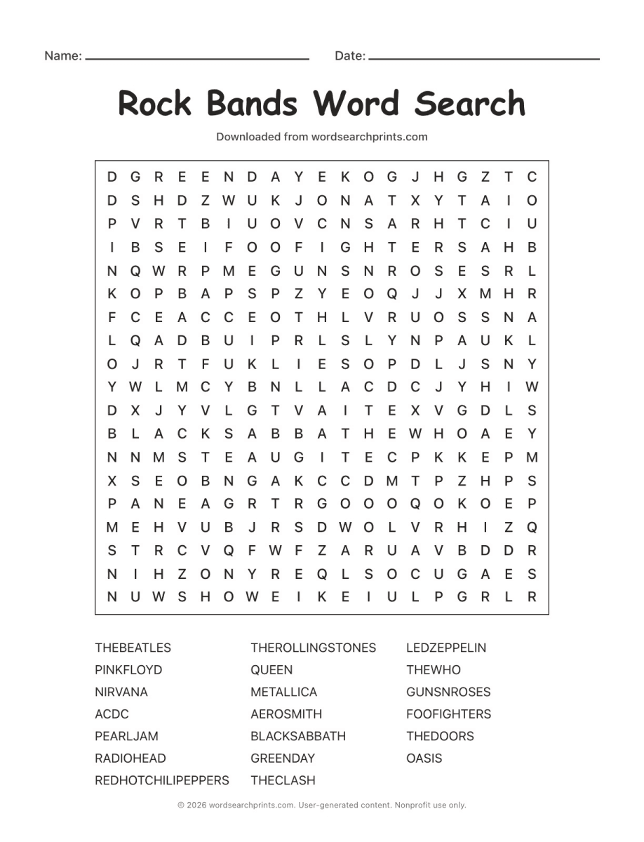 Rock Bands Word Search