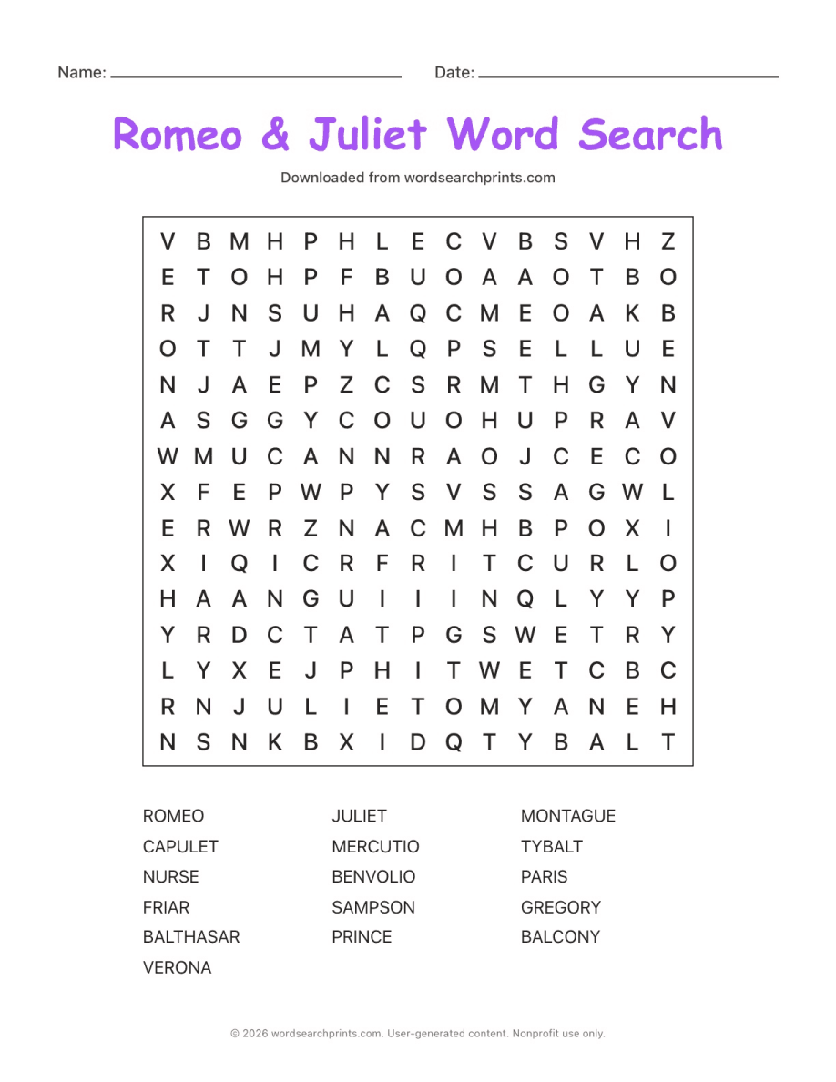 Romeo & Juliet Word Search