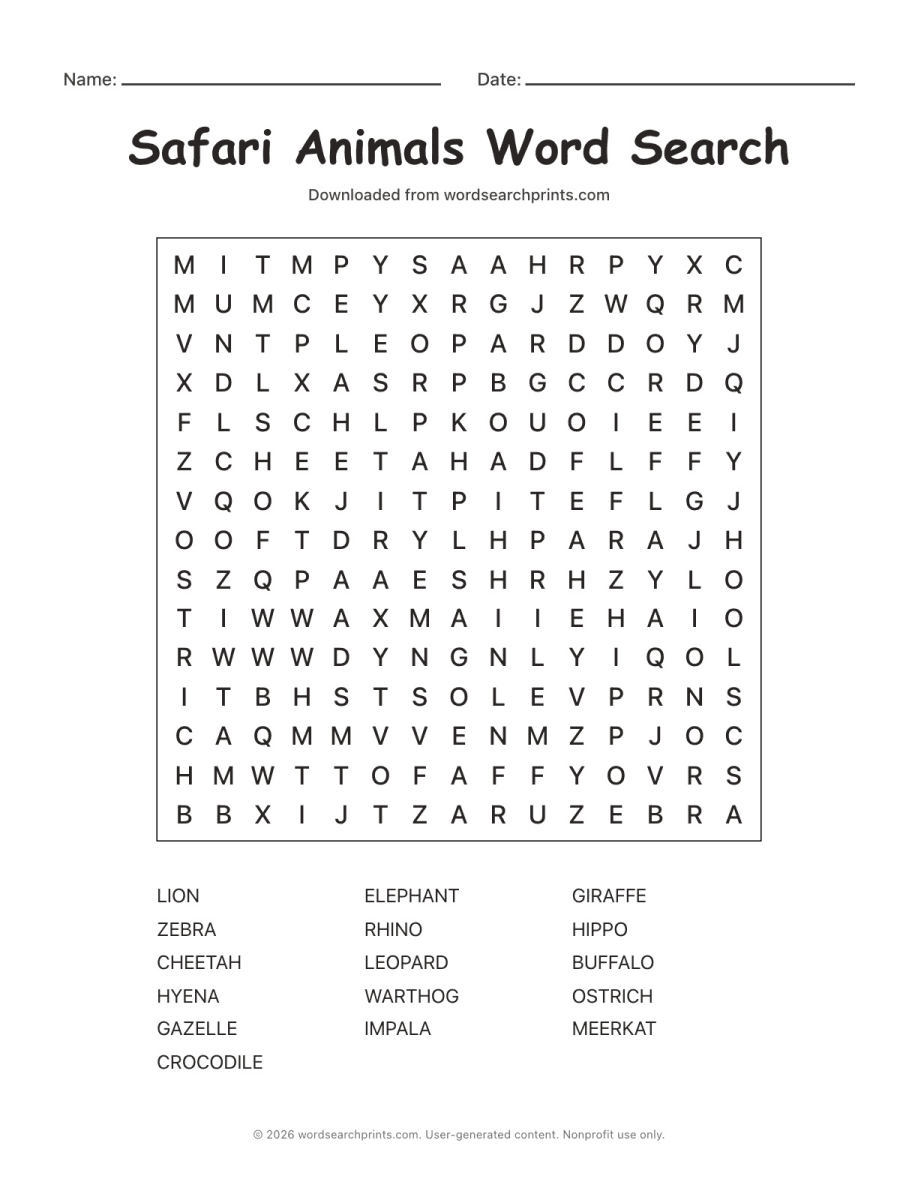 Safari Animals Word Search