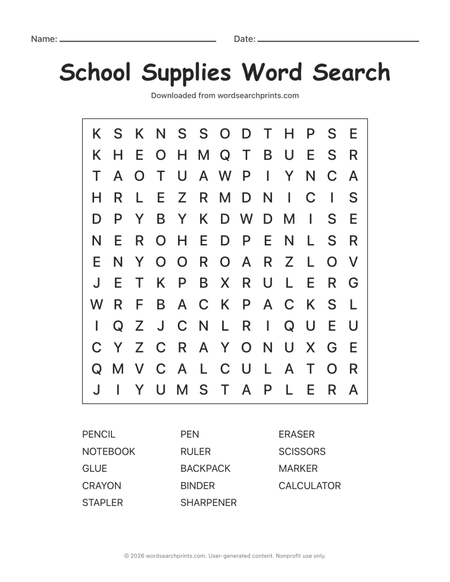 School Supplies Word Search