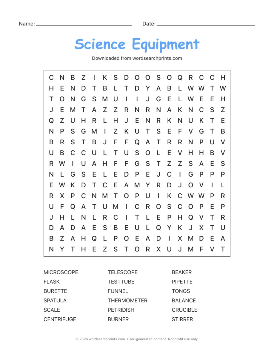 Science Equipment Word Search