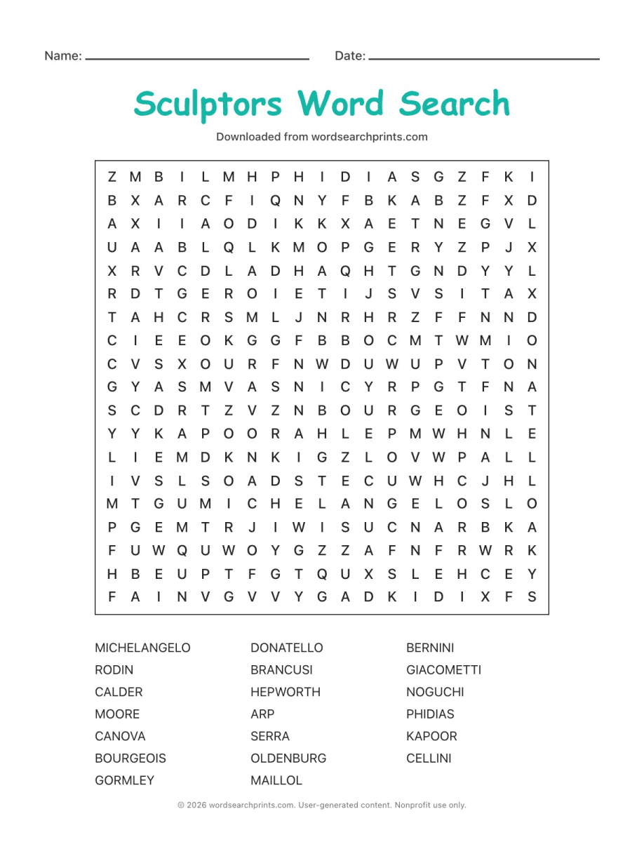 Sculptors Word Search