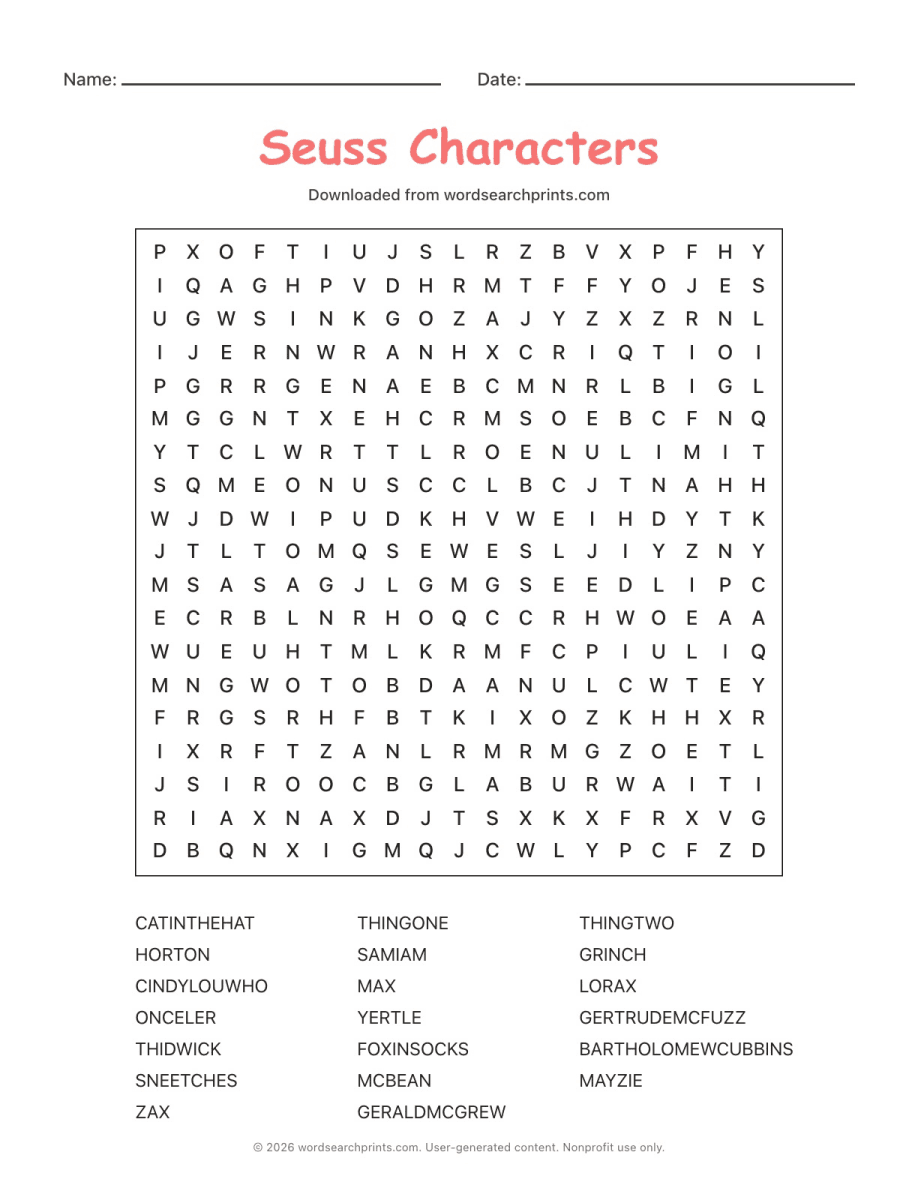 Seuss Characters Word Search