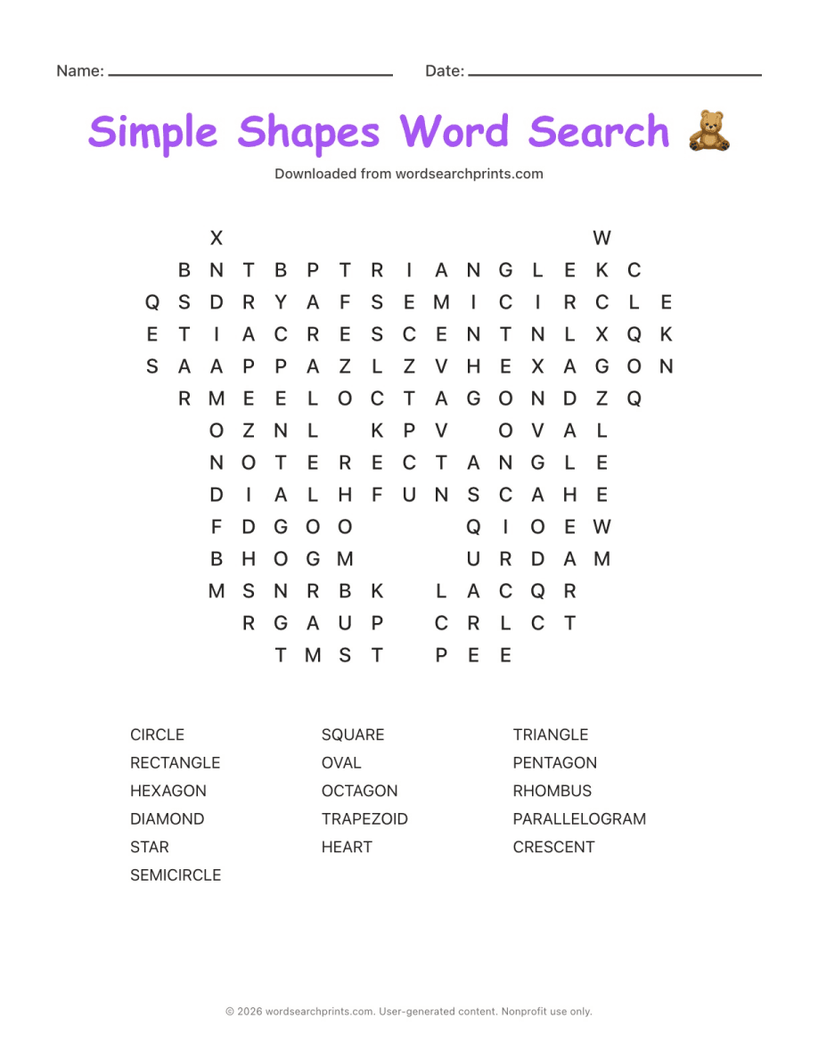 Simple Shapes Word Search