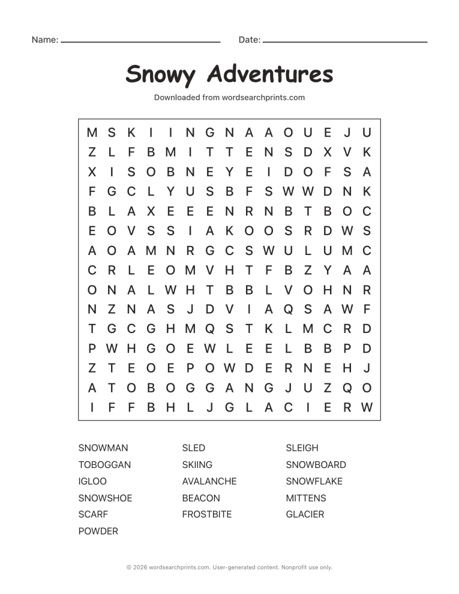 Snowy Adventures Word Search