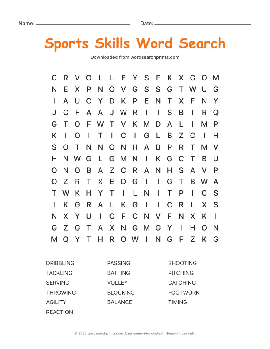 Sports Skills Word Search