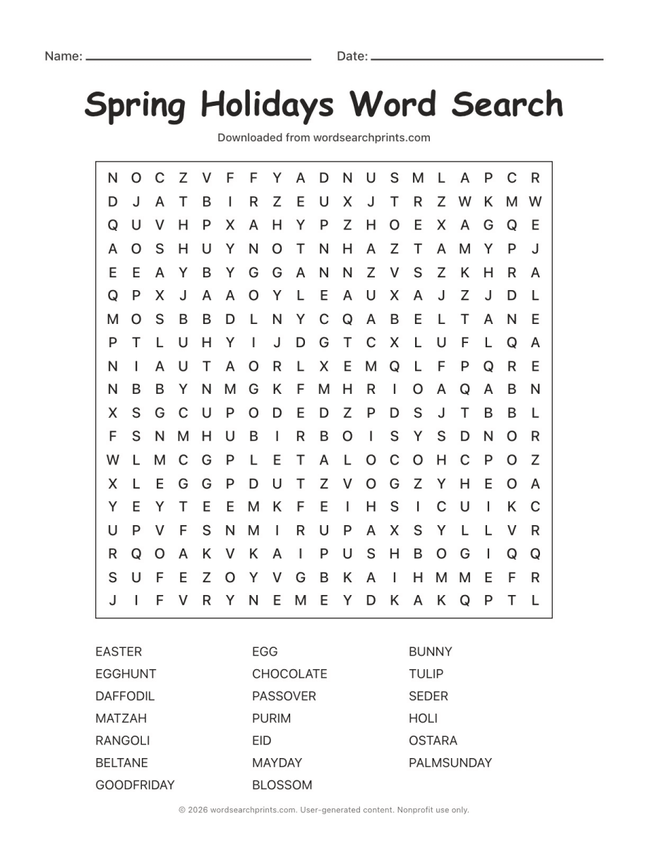 Spring Holidays Word Search