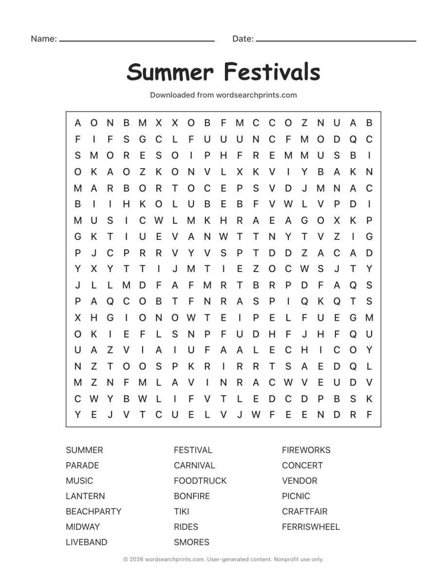 Summer Festivals Word Search