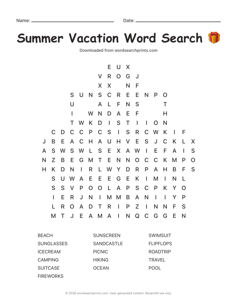 Summer Vacation Word Search