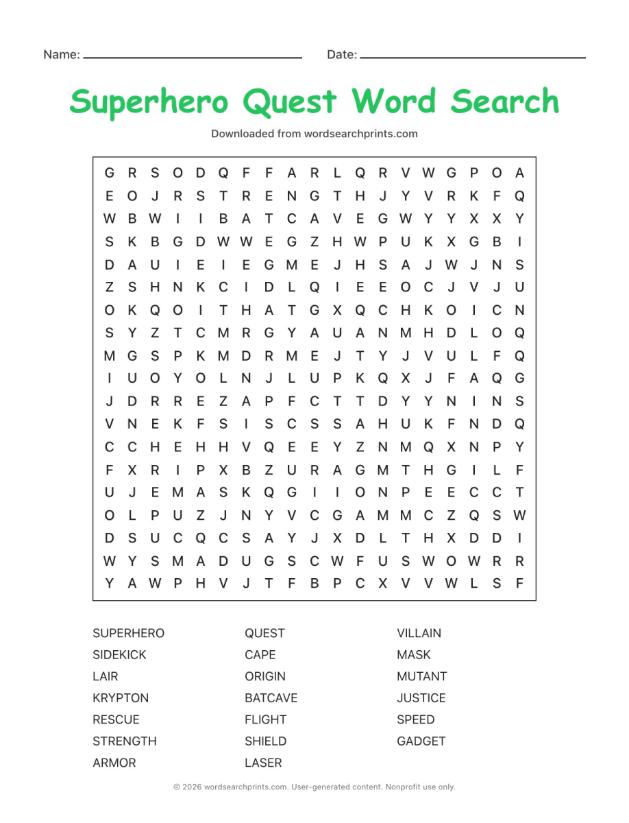 Superhero Quest Word Search
