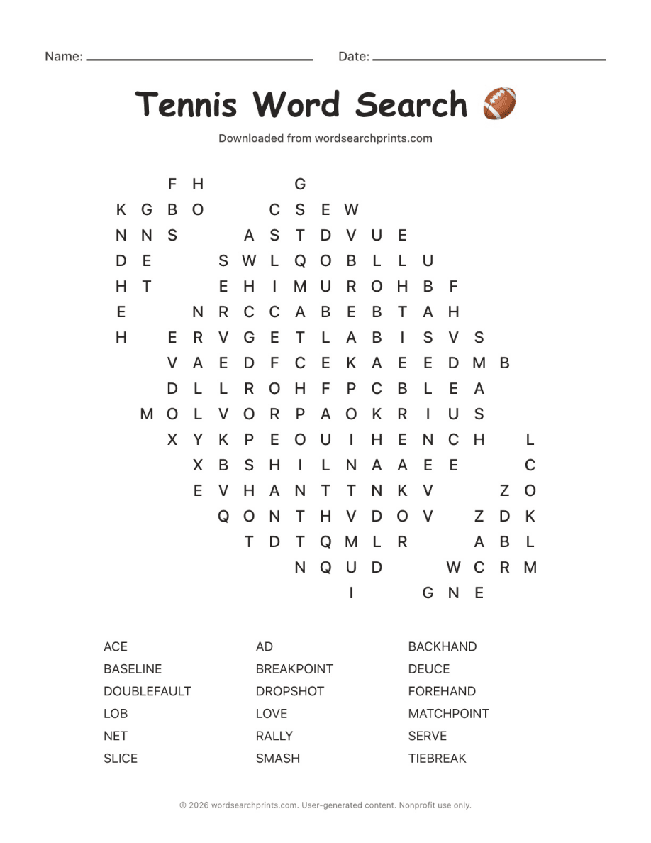 Tennis Word Search