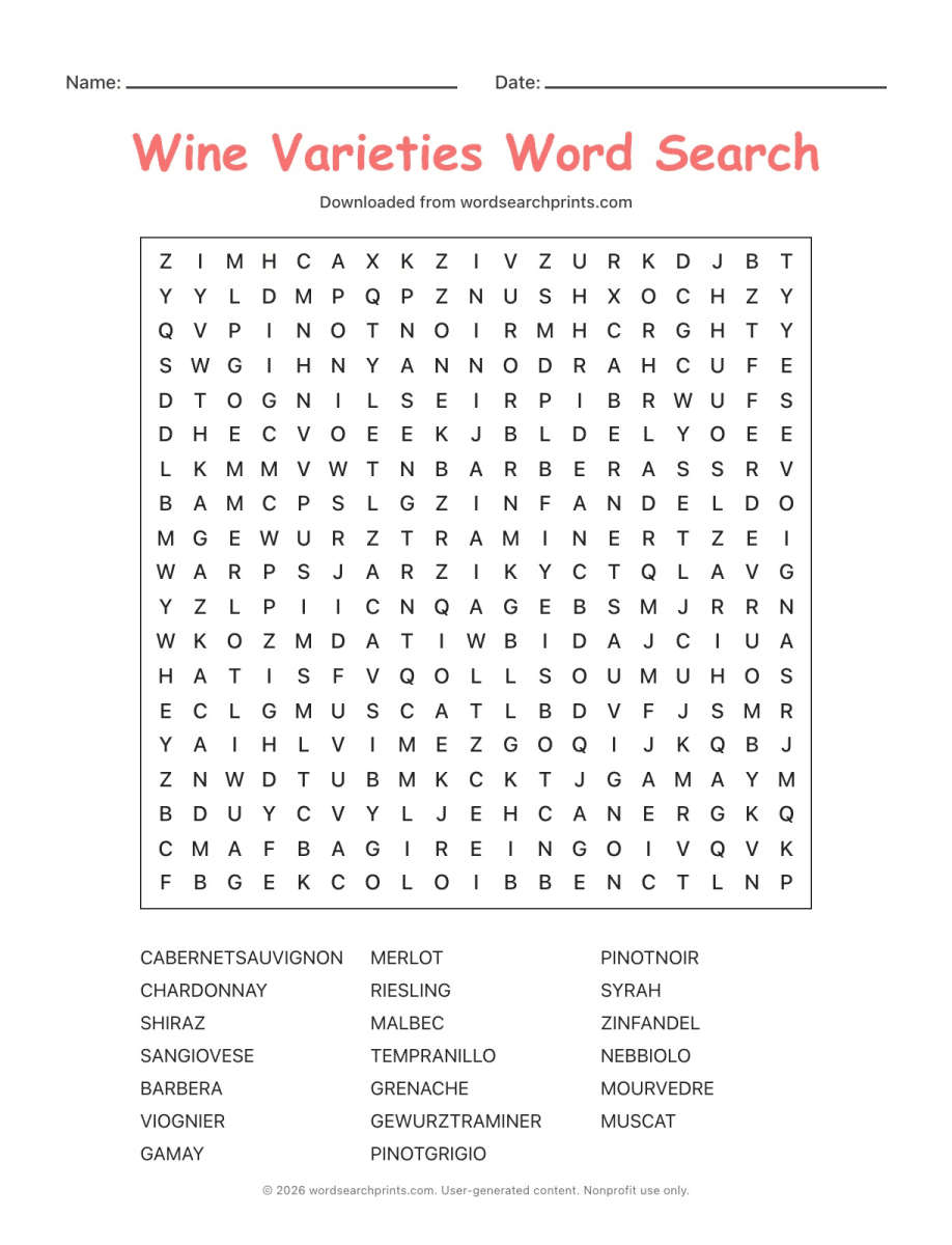 Wine Varieties Word Search