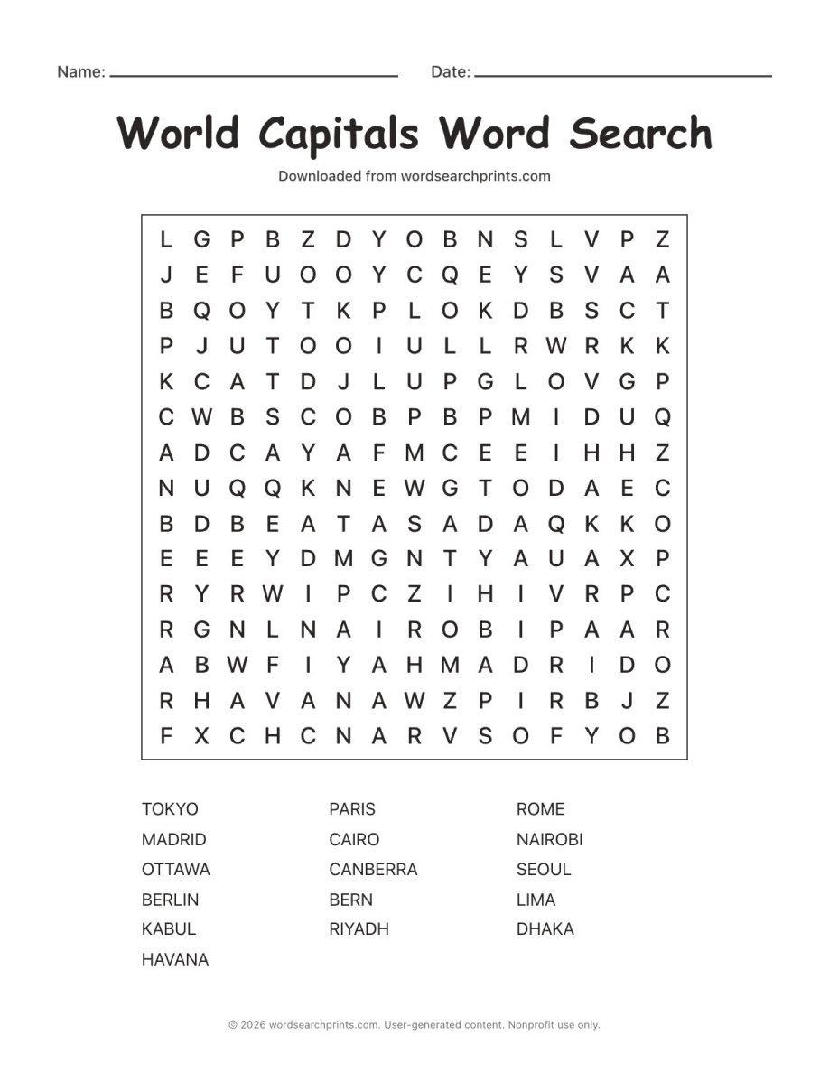 World Capitals Word Search