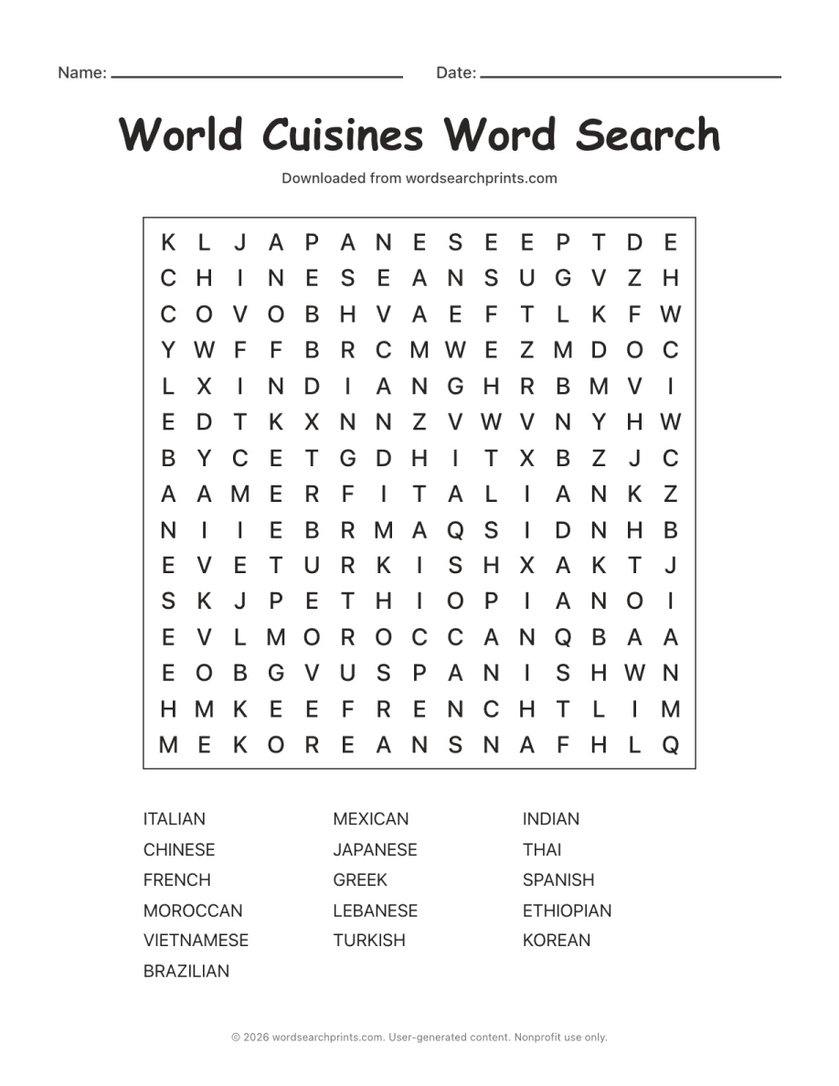 World Cuisines Word Search