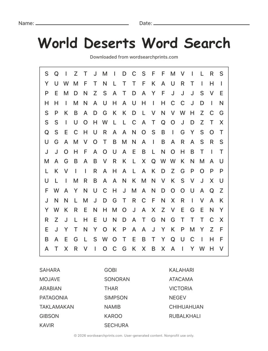 World Deserts Word Search