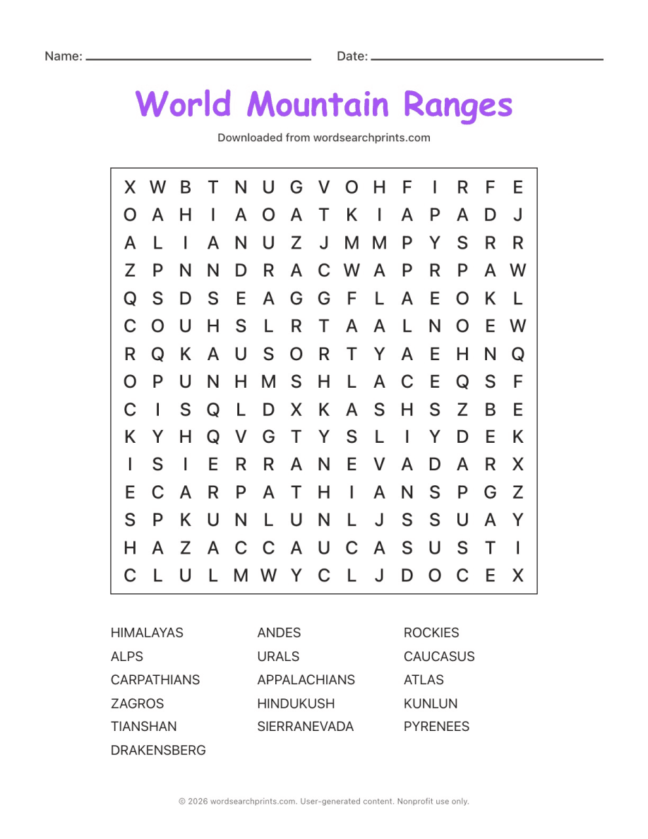 World Mountain Ranges Word Search