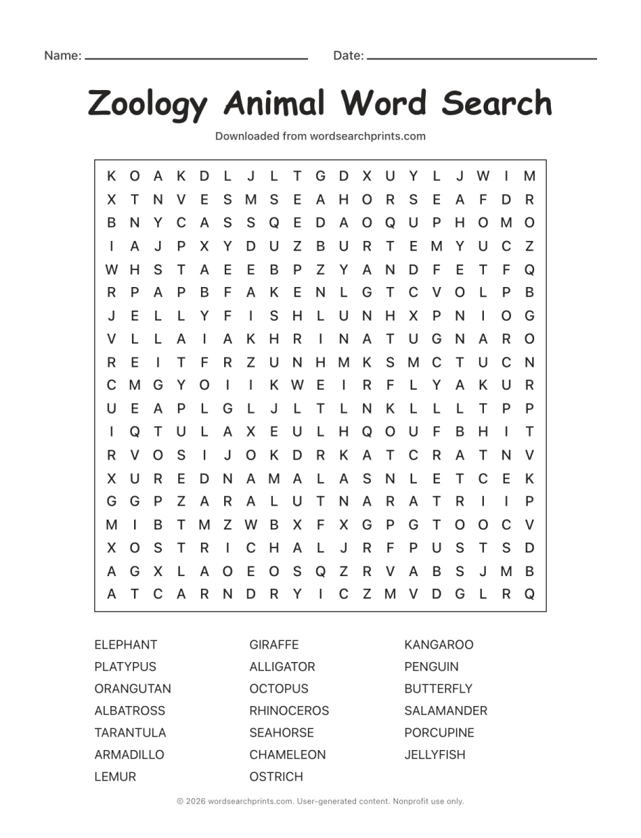 Zoology Animal Word Search