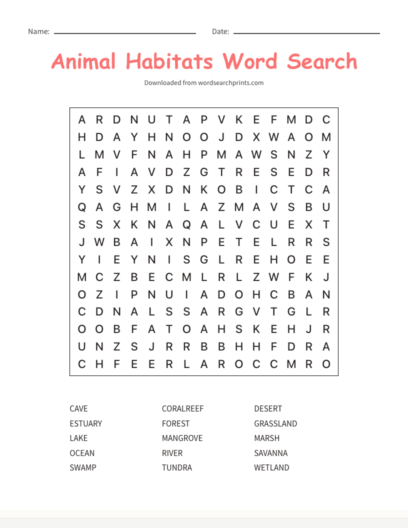 Animal Habitats Word Search