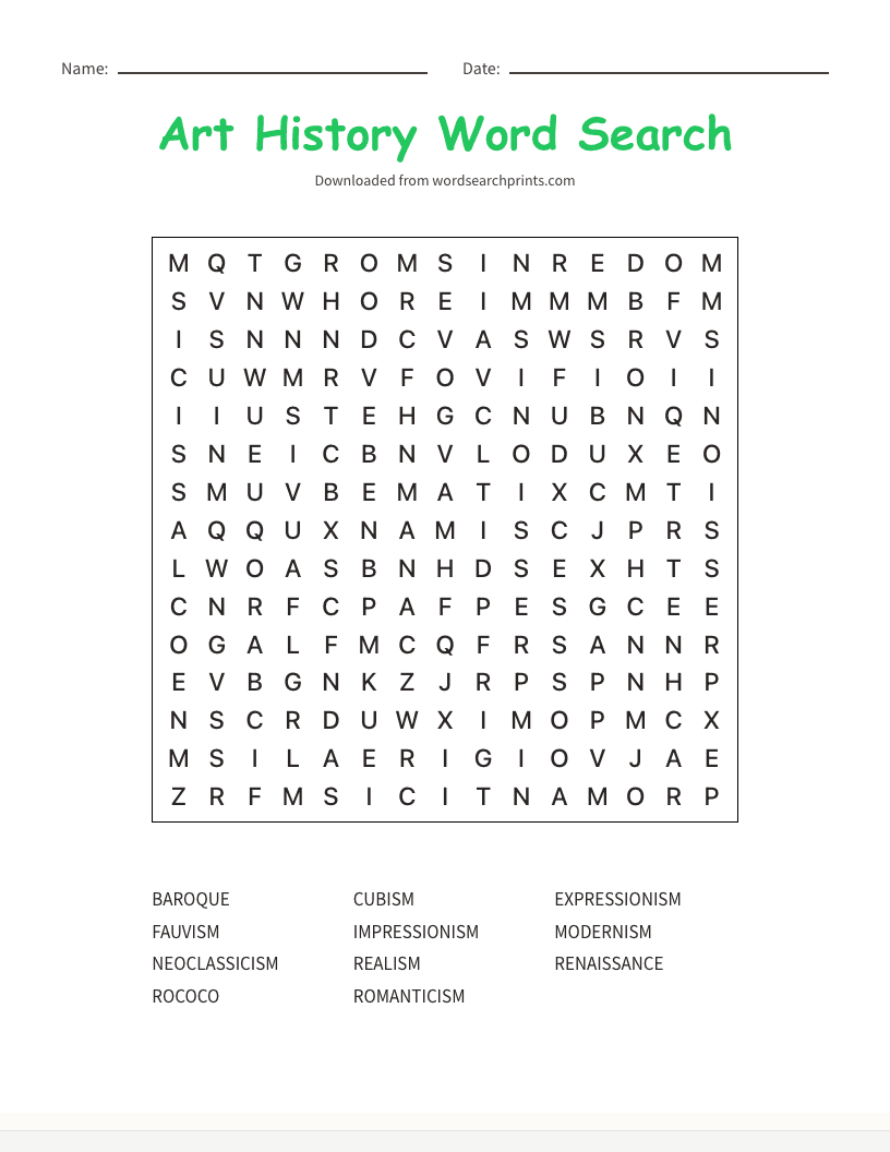 Art History Word Search