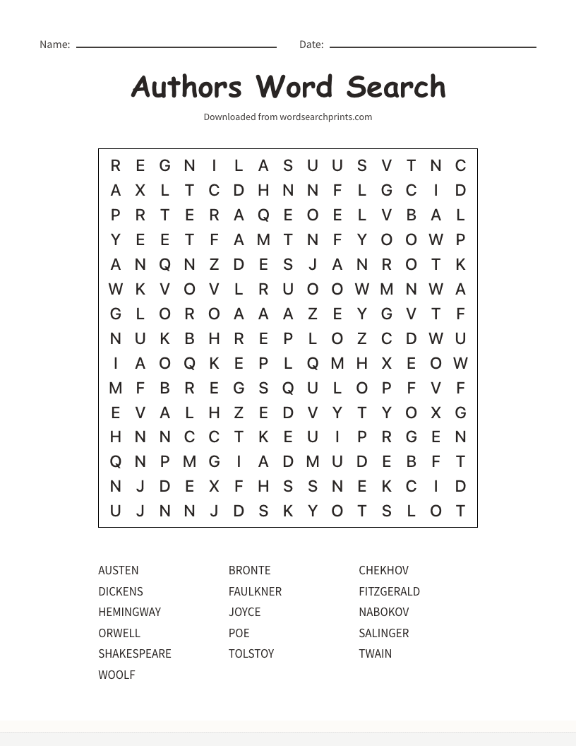 Authors Word Search