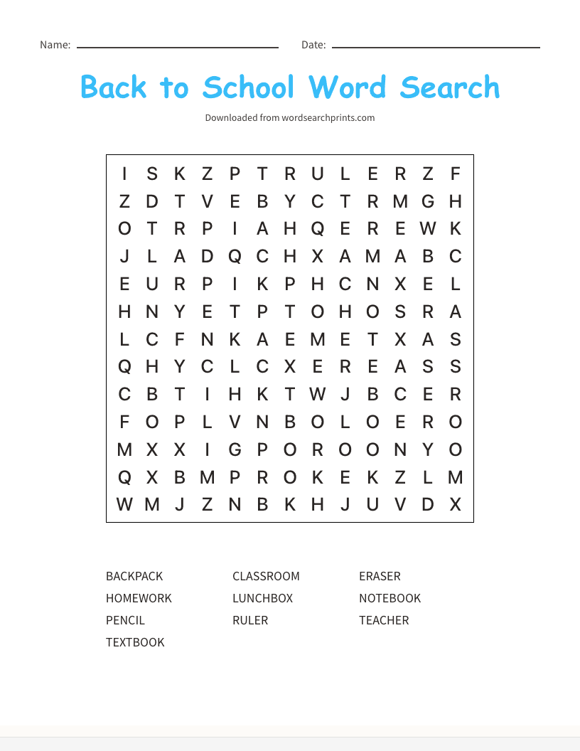 Back to School Word Search