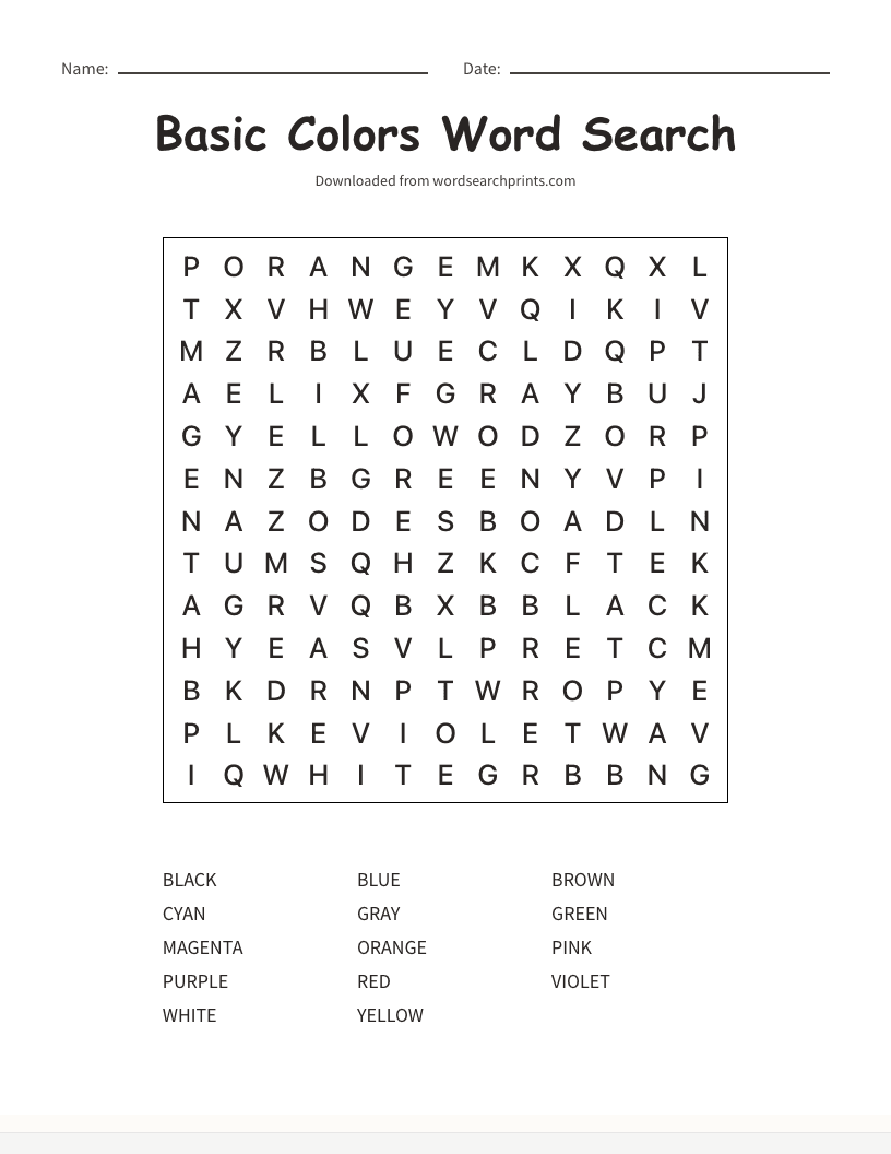 Basic Colors Word Search