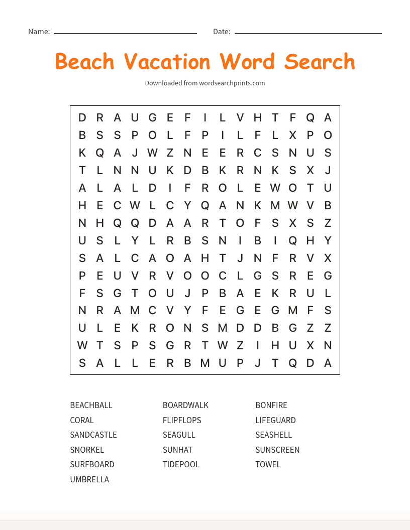 Beach Vacation Word Search