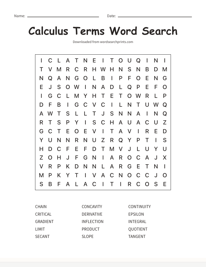 Calculus Terms Word Search