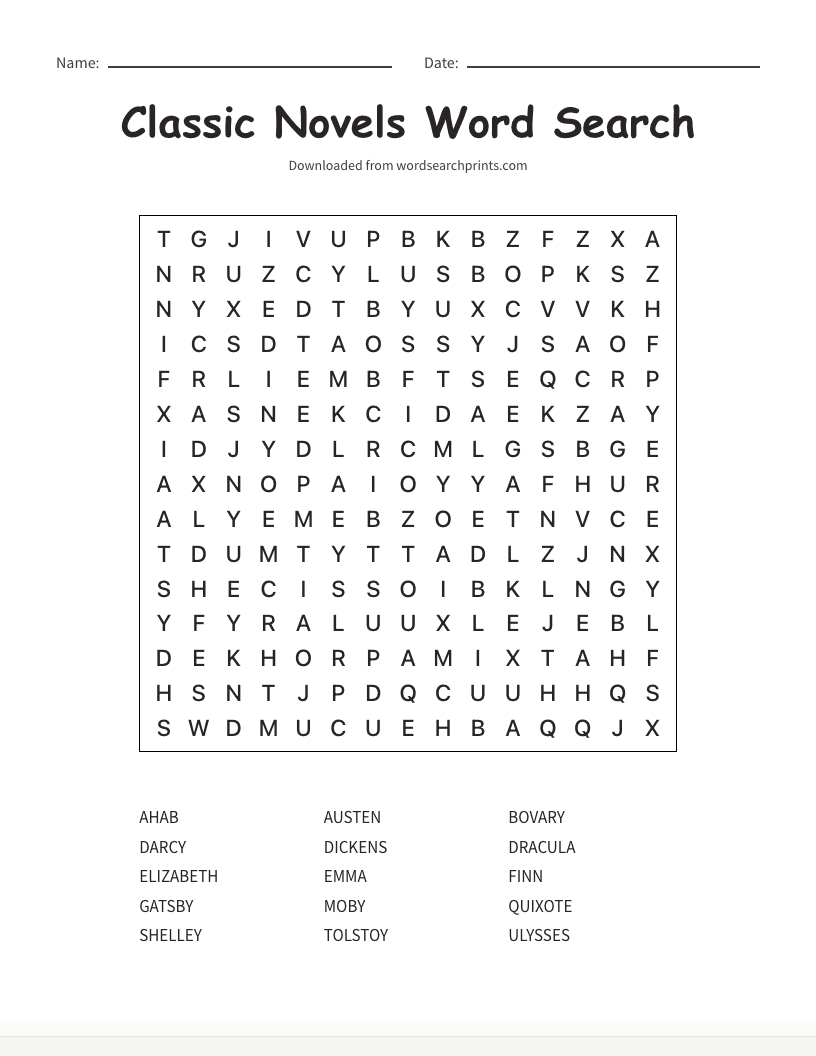 Classic Novels Word Search