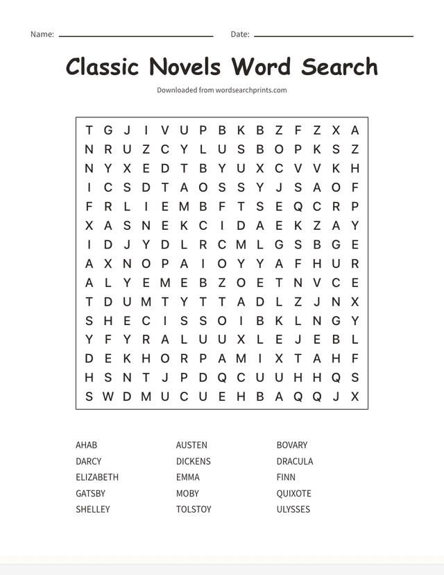 Printable classic novels word search puzzle for adults