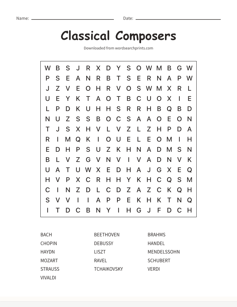 Classical Composers Word Search