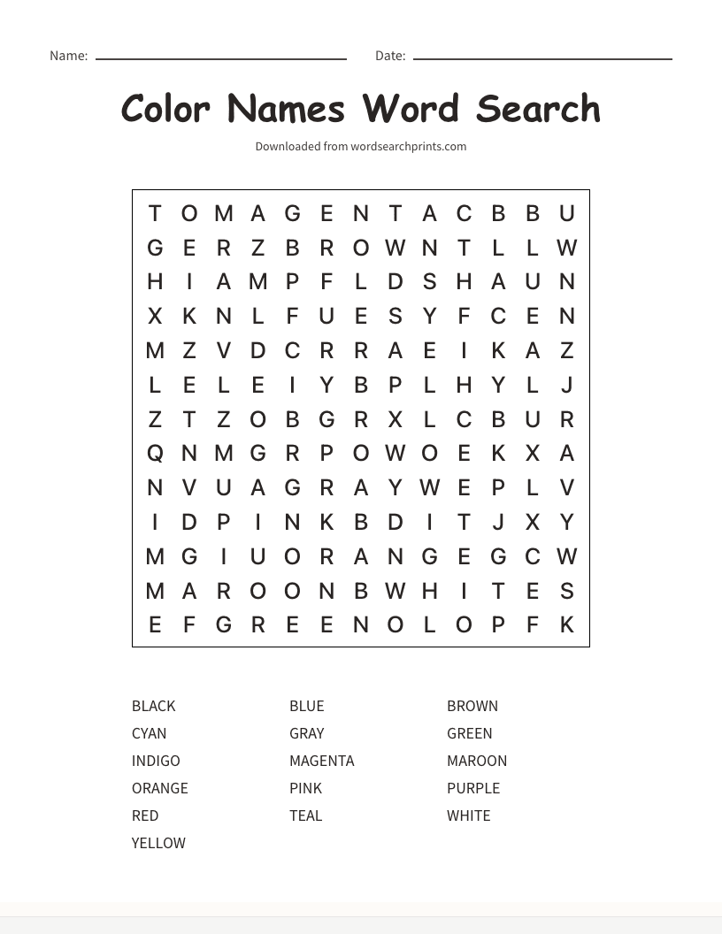 Color Names Word Search