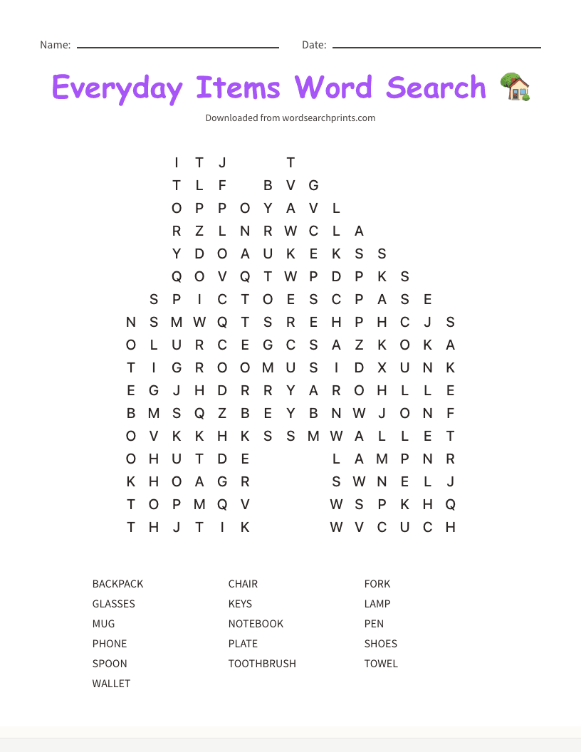 Everyday Items Word Search