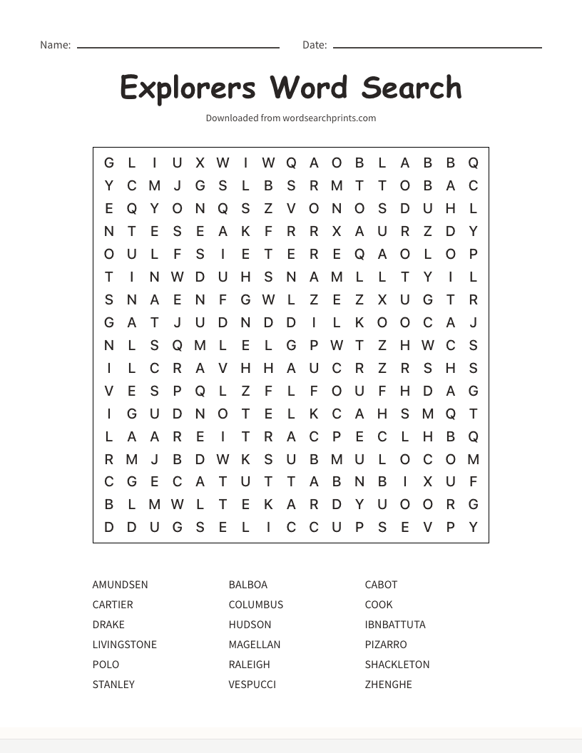 Explorers Word Search