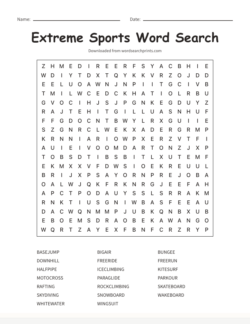 Extreme Sports Word Search