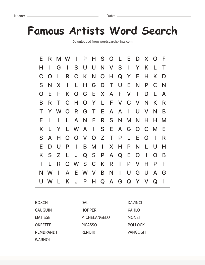 Famous Artists Word Search