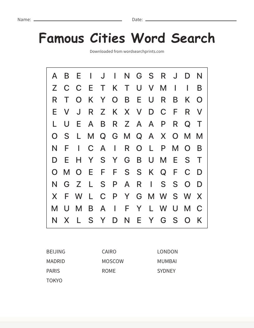 Famous Cities Word Search