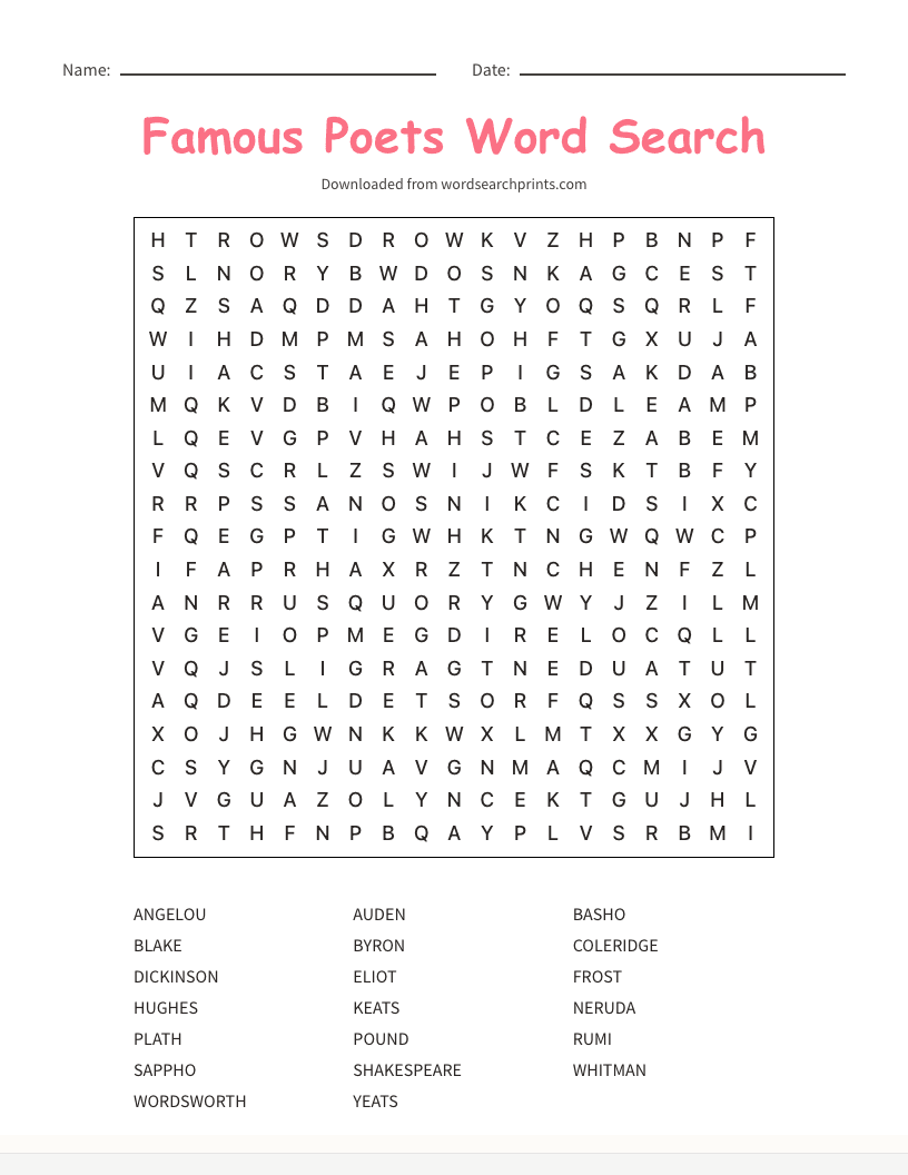 Famous Poets Word Search