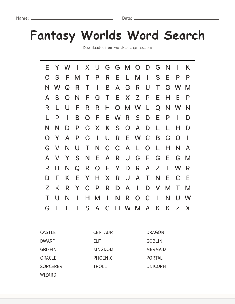 Fantasy Worlds Word Search