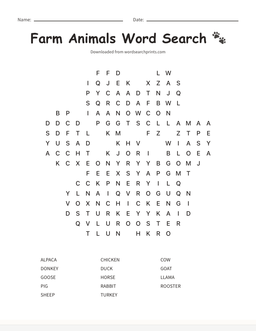 Farm Animals Word Search