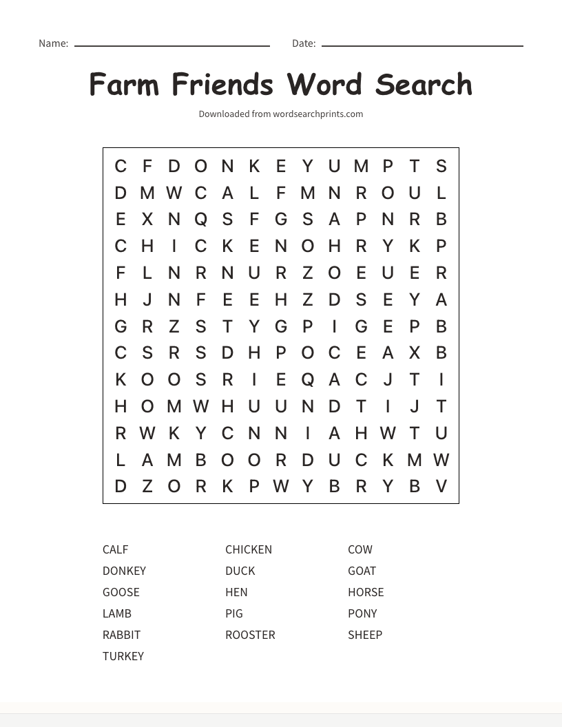Farm Friends Word Search