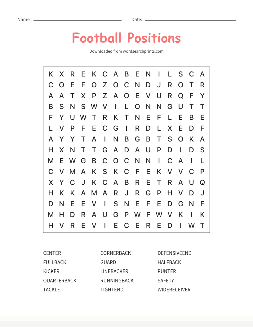 Football Positions Word Search