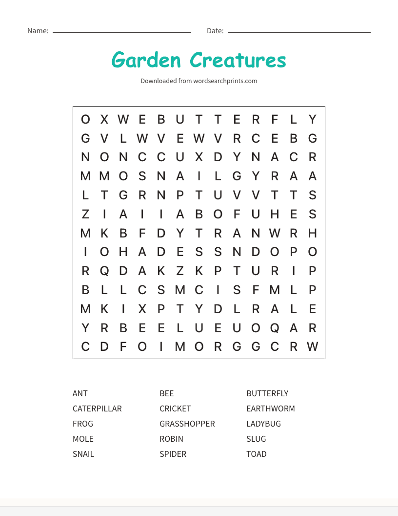 Garden Creatures Word Search