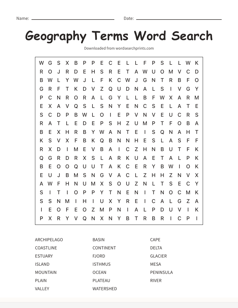 Geography Terms Word Search