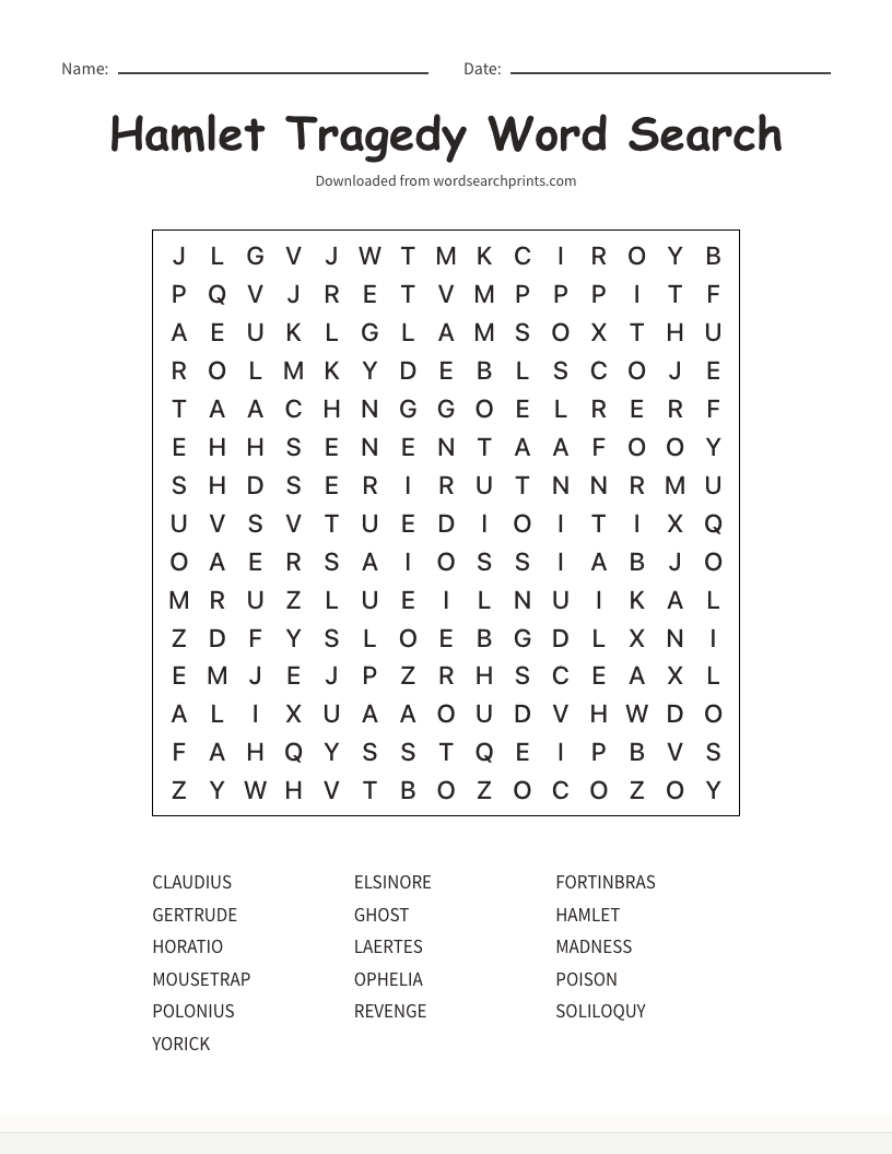 Hamlet Tragedy Word Search